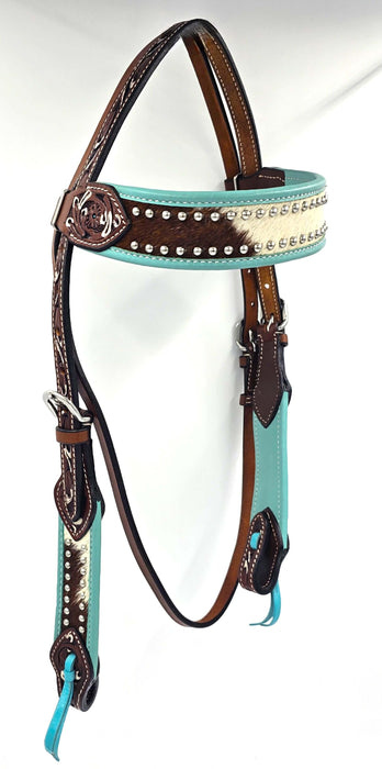 SLC Turquoise Leather Headstall Tooled, hair on hide inlay outlined with silver studs