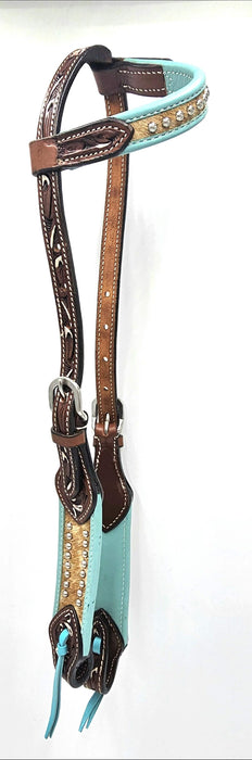 One Ear carved leather headstall with Turquoise outer and Hair on inlay