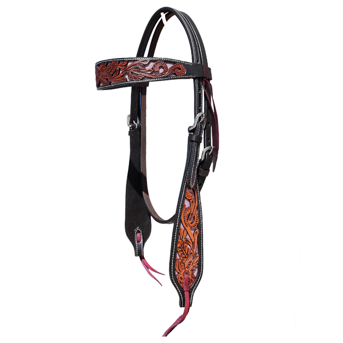 "INDIANA" - Two-Tone Headstall with Pink Glitter Underlay - Smooth Like Cactus