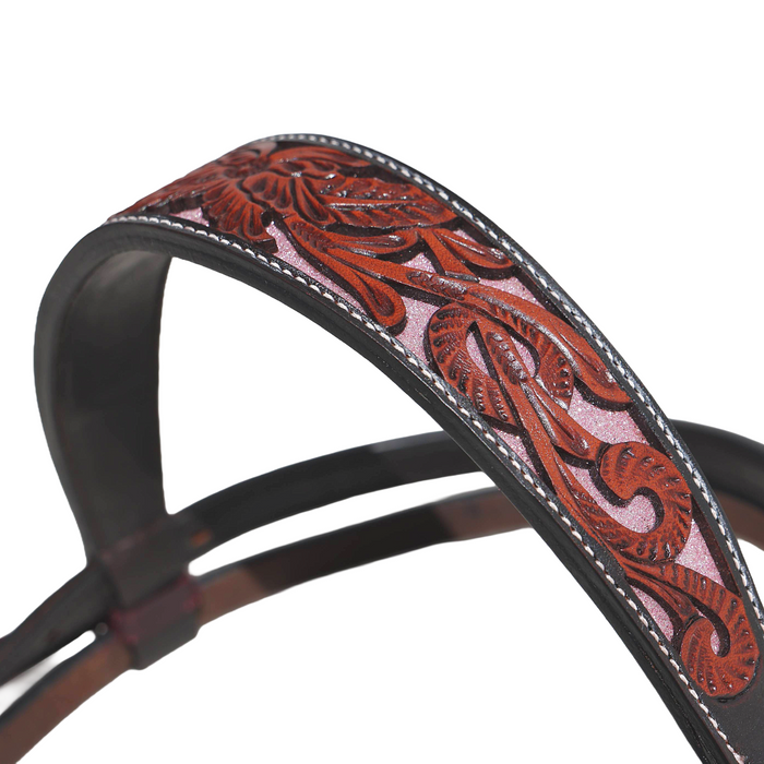 "INDIANA" - Two-Tone Headstall with Pink Glitter Underlay - Smooth Like Cactus