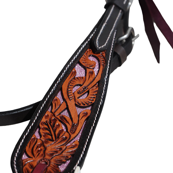 "INDIANA" - Two-Tone Headstall with Pink Glitter Underlay - Smooth Like Cactus