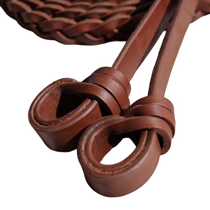 "KIDMAN" Secret Plait Red Hide Reins with Gulf Knot - Kimberley Ringers