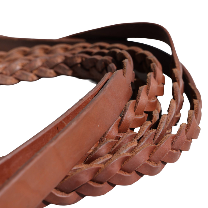 "KIDMAN" Secret Plait Red Hide Reins with Gulf Knot - Kimberley Ringers