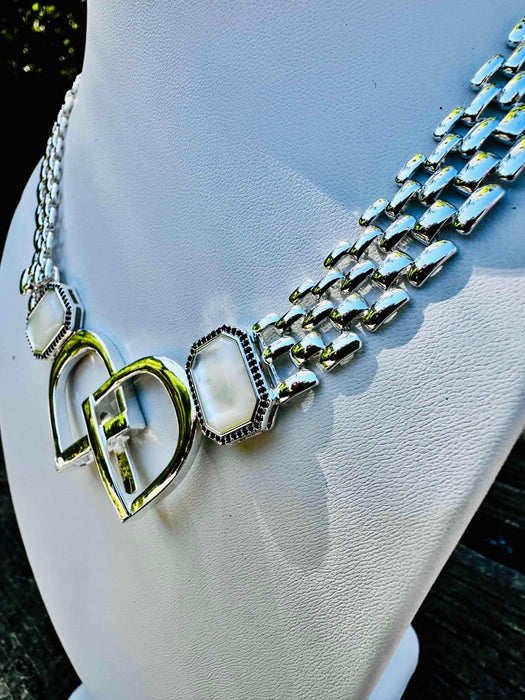 Bold English Saddle Stirrup Necklace - Mother of Pearl - Carol Young Silver