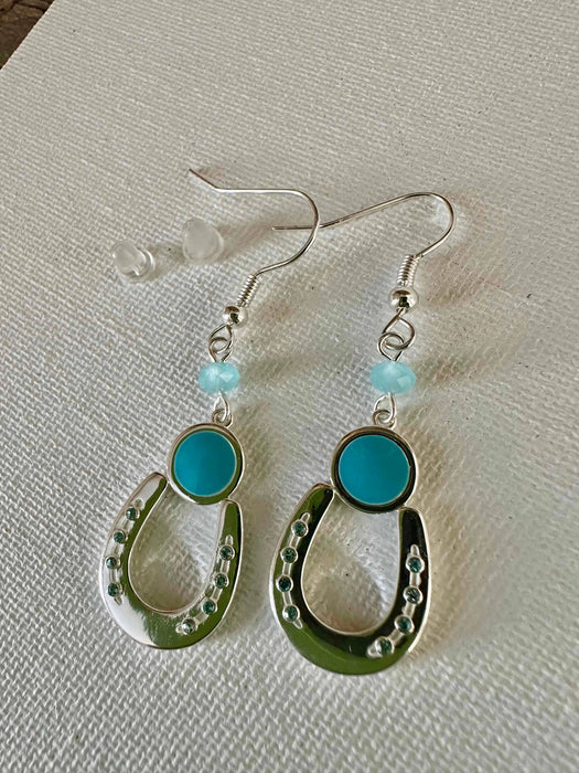 Horseshoe with Aqua Detail Earrings - Carol Young Silver