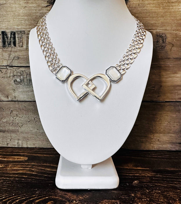 Bold English Saddle Stirrup Necklace - Mother of Pearl - Carol Young Silver