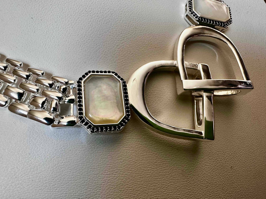 Bold English Saddle Stirrup Necklace - Mother of Pearl - Carol Young Silver