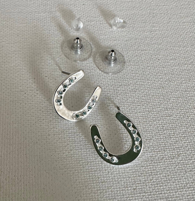 Horseshoe with Aqua Crystal Earrings - Carol Young Silver