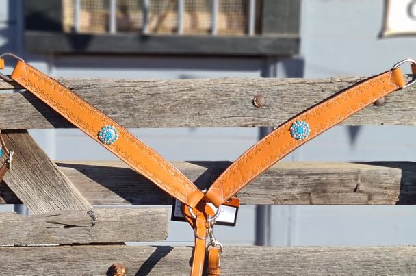 Western Breastcollar with Barbwire Stamping and Blue Concho's