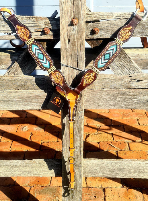 Breast Collar with Floral Carving Blue Bead Inlay and Rawhide