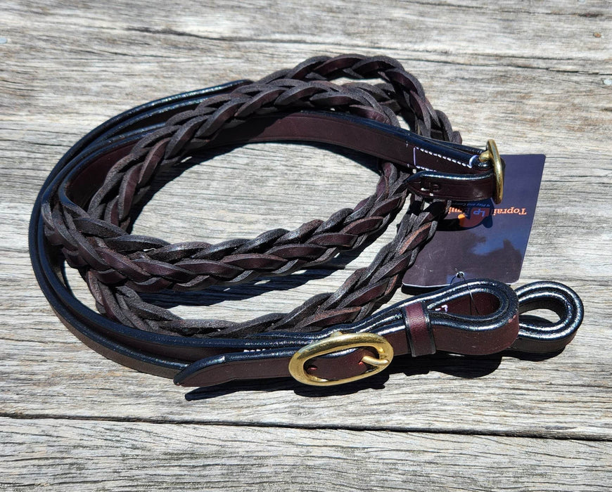 Secret Plait Joined 5'6" Leather Show Reins with Brass Buckle