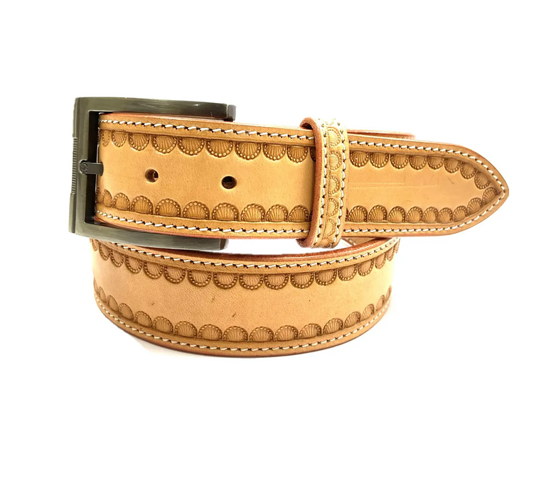Ladies light USA Harness leather belt with Floral tooled outline