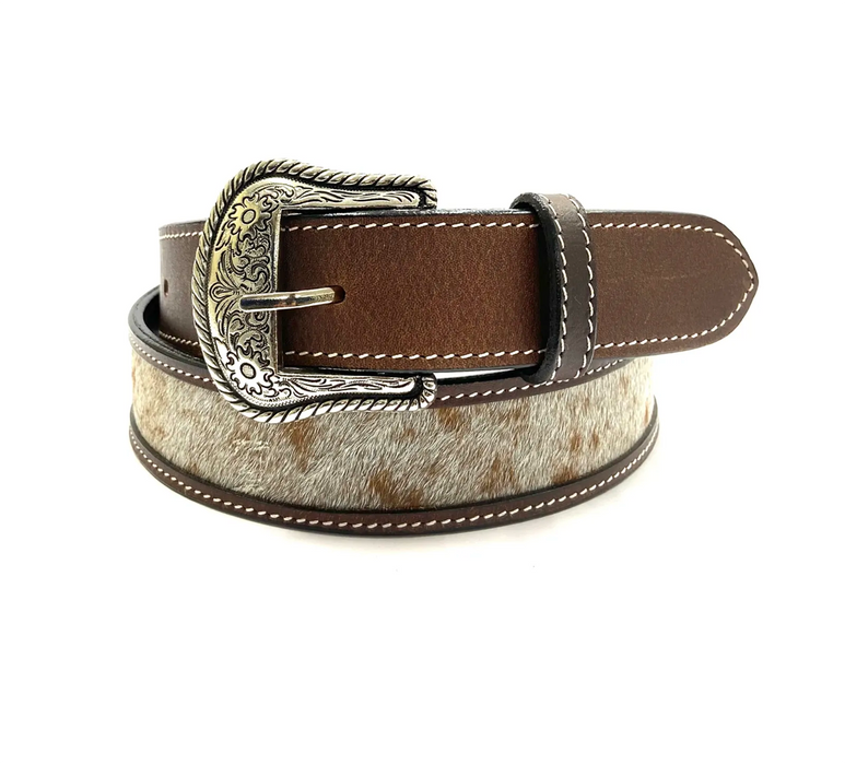 White buck stitched and tooled ladies leather belt