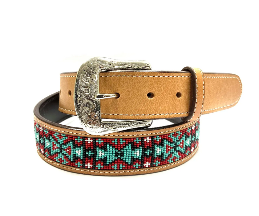 "Montana" turquoise beaded belt in light USA Harness leather