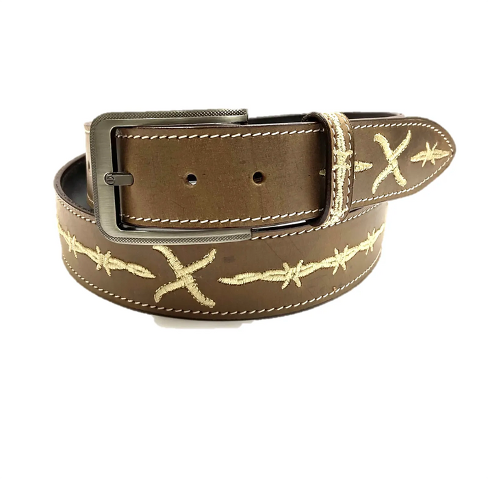 Barb wire, X embroidered unisex leather belt