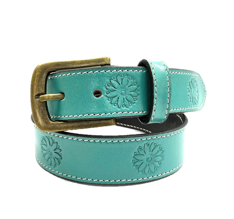 Turquoise, floral stamped ladies leather belt