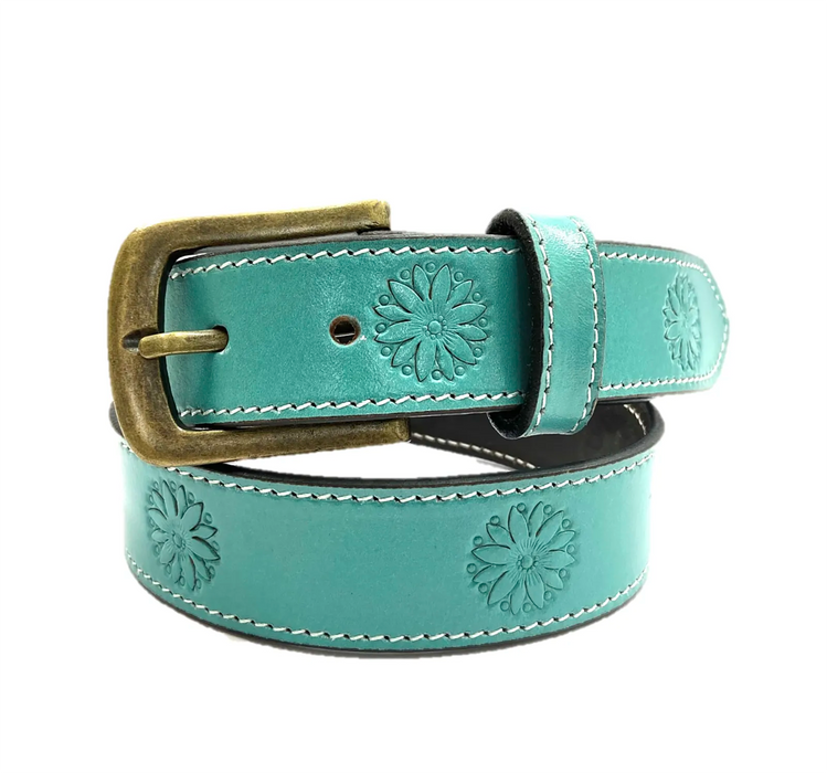 "MIA" Turquiose Floral Stamped Ladies Leather Belt - 1773