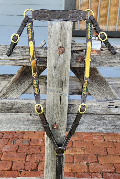 "A" Show Breastplate with Yellow/Green Plait - Havana Brown