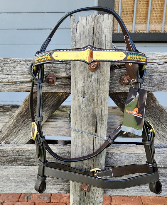 "A" Show Bridle with Yellow/Green Plait - Havana Brown