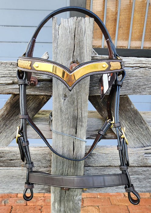 "A" V Show Bridle with Gold Plait - Havana Brown