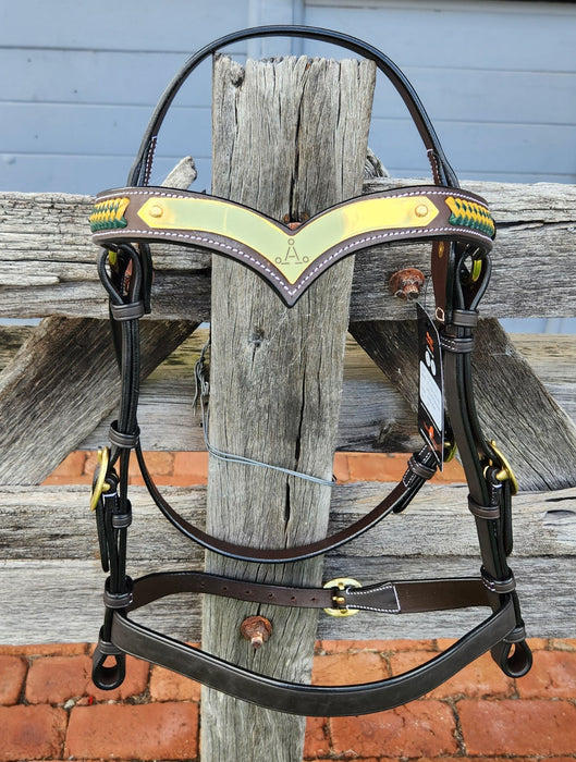 "A" V Show Bridle with Yellow/Green Plait - Havana Brown