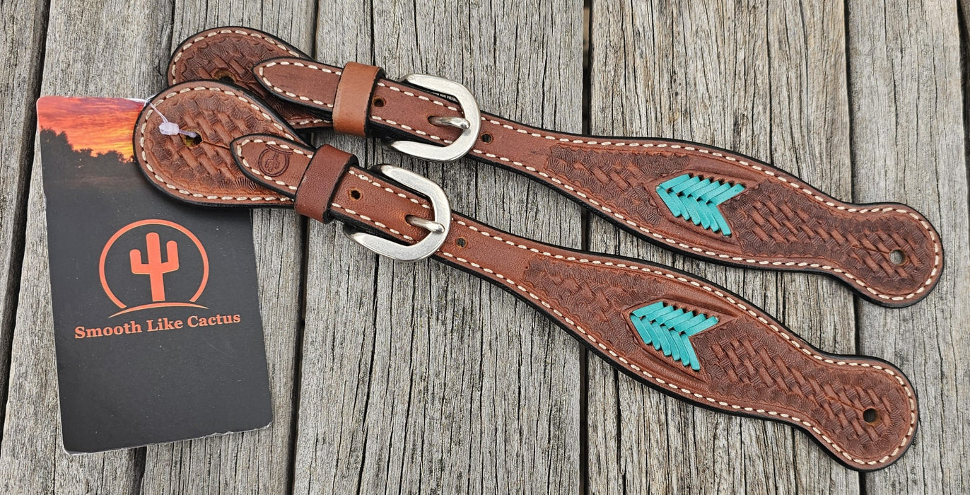 Ladies Tooled Spur Straps with Teal Arrows